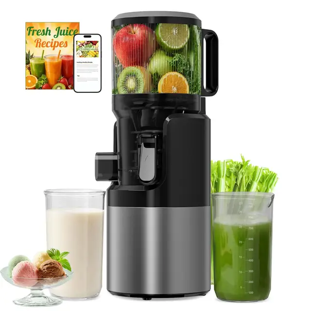 Extractor de Zumos y Verduras Prensado en Frío 400W, Licuadora de Prensado en Frío con Boca XL de 152 mm, para Frutas y Verduras Enteras, 3 en 1 para Zumo, Sorbete y Leche Vegetal (Gris Titanio)