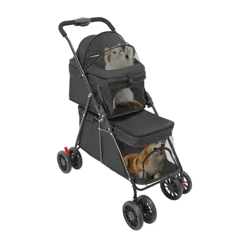 Carrito de mascotas de 2 capas para perros y gatos, plegable con ventana de red, freno y bolsa de almacenamiento, marco estable de acero al carbono, soporta hasta 40 kg, 95 x 60 cm (negro)