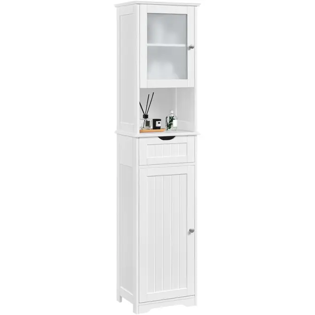 Yaheetech Armario Baño Mueble Auxiliar de Baño Armario de Cocina con Puerta de Cristal Estrecho 40x30x170 cm Blanco