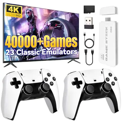 YunLone Consola de juegos retro, consola de videojuegos HDMI 4K de 64 GB con más de 40 000 juegos y 23 emuladores, consola de juegos Plug and Play con controladores duales de 2,4 GB de actualización.