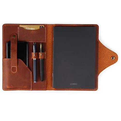 Londo Portafolio Cuero Genuino con Bloc Notas, Cierre a Presión, Minimalista, Tarjetero, Unisex - 23x18 cm