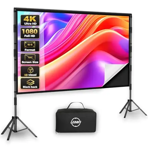 Pantalla de Proyector con Soporte 120 Pulgadas – LEORFI Pantalla Proyección Portátil Interior Exterior con Fondo Negro, 16:9 4K HD, Antiarrugas, Bolsa de Transporte para Cine en Casa y Jardín