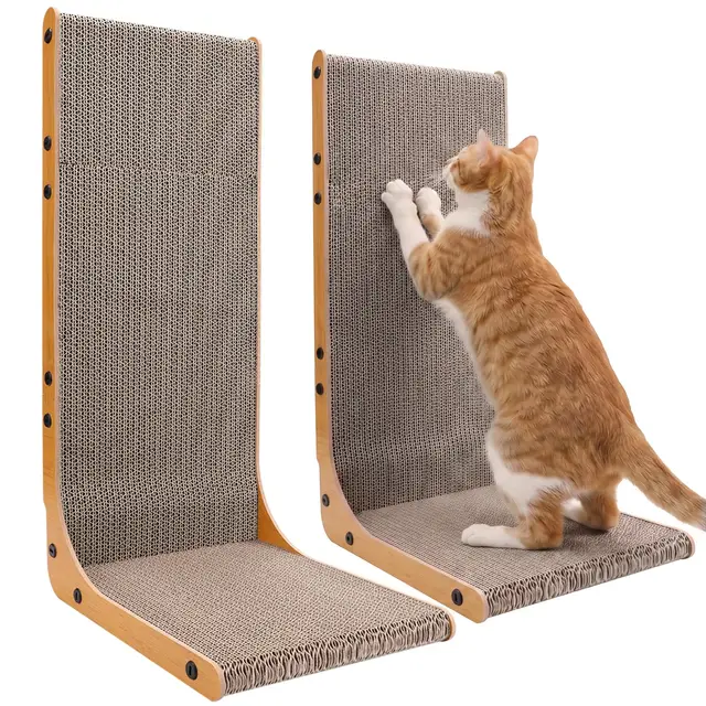 Gimars Juego de 2 Rascadores de Cartón para Gatos en Forma de L de 58cm, Rascadores Verticales para Proteger Muebles y Sofás, Duradero, Color Madera