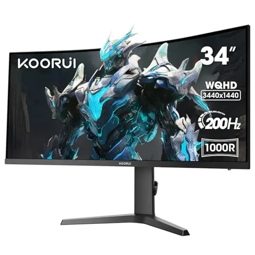 KOORUI Monitor UltraWide Curvo 34'', UWQHD 3440x1440, 200Hz, 1ms, 21:9, HDR400, 3000:1, 1000R, DCI-P3 90%, Adaptive Sync, 2xHDMI, Display Port, VESA 75 * 75mm