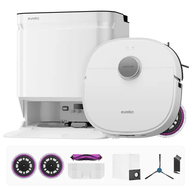 Eureka J15 Ultra Gen2, Robot Aspirador 19000 Pa Ultra Succión, Lavado a 75 °C, Secado con Aire Caliente, ScrubExtend 135 ° para Esquinas, FlexiRazor Anti-Cabello 99%, IA 150+ Objetos, Tarjeta 3D