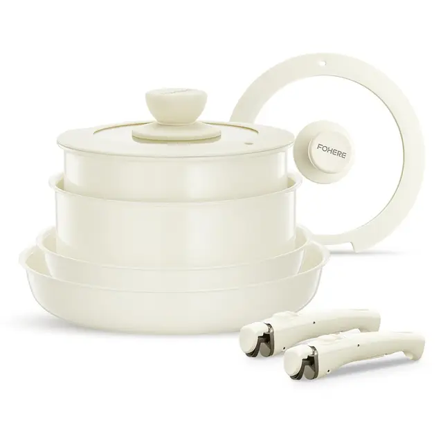 FOHERE Juego de Ollas y Sartenes Antiadherentes Induccion Cerámicas con Mango Extraíble 8 Piezas, Cacerolas de Cocina Induccion Aluminio, para Todas las Cocinas, apto Lavavajillas y Horno,Beige