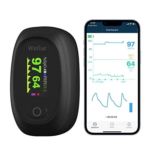 Wellue Pulsioximetro con Bluetooth, Oximetro Dedo Profesional Monitorea la Saturación de Oxígeno en Sangre y la Frecuencia Cardíaca, Medidor Oxigeno en Sangre con APP y Grabación, con Alarma