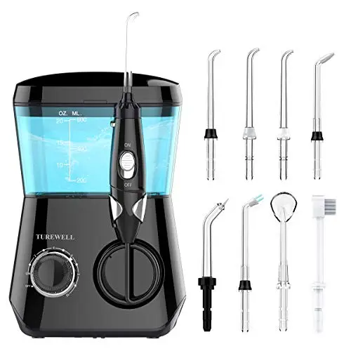 TUREWELL Irrigador Dental, Irrigador Bucal con 8 Boquillas Multifuncionales, Capacidad de 600ml, 10 Ajustes de Presión del agua, Limpieza Dientes Negro