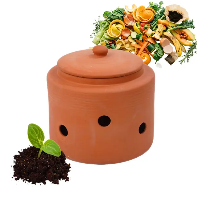 Compostador de lombrices Relaxdays para enterrar, 3 l, para restos de Cocina, Tapa, jardín y huerto, Arcilla, Terracota