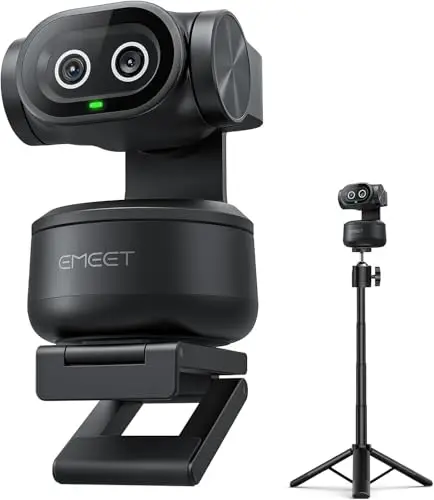 EMEET PIXY Cámara PTZ de Doble Lente con IA 4K con Trípode, Seguimiento IA, Enfoque PDAF e IA 0,2s, Sensor Sony 1/2,55'', 3 Micrófonos, Preajustes, Webcam 4K para Streaming, Compatible con OBS/Twitch