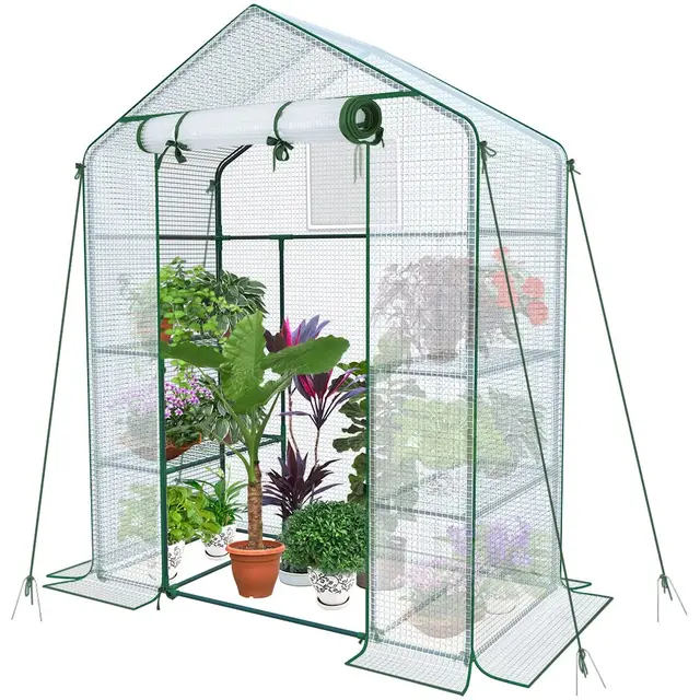 VOUNOT® Invernadero de Jardín 143x73x195 cm Vivero Casero Plantas Cultivo con Puerta Enrollable y Ventana, Invernadero Huerto Caseta de Jardín 4 Estantes para Plantas Macetas Flores, Blanco