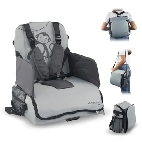Mobiclinic ®, Trona portátil bebé, Monkey, De viaje, 6 a 36 meses, Hasta 15kg, Plegable, Arnés ajustable 5 puntos, Con almacenamiento, Silla bebe, Color gris