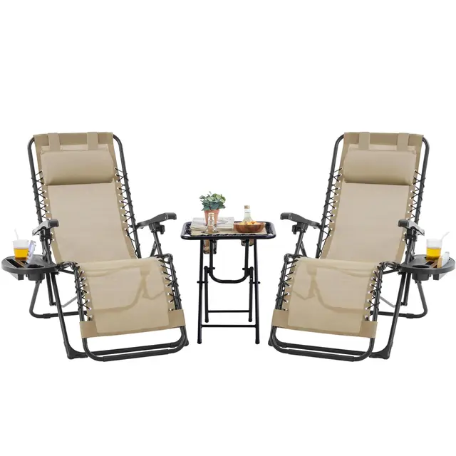 Yaheetech 2 Tumbonas o Sillas de Exterior Plegables y reclinables, con Mesa Auxiliar, Portavasos, Reposacabezas, Tumbonas de Gravedad Cero con Respaldo Ajustable, para Patio, Piscina, Beige