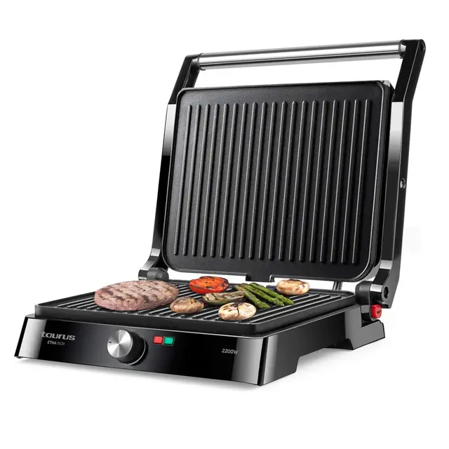 Taurus Etna Inox – Grill y plancha de asar 2 en 1 con apertura 180º | Superficie de 29x47,5 cm | Temperatura regulable | Placas antiadherentes sin PFOA | Recoge-grasas y asa fría