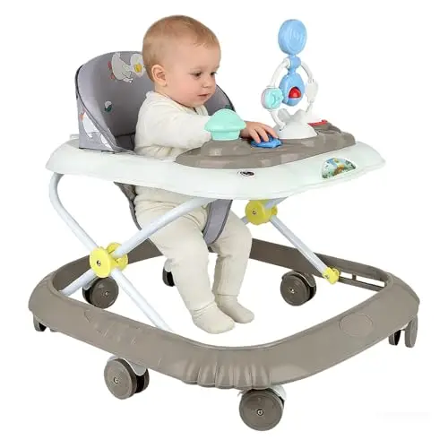 Andador de bebé, 6 meses juguetes y actividades, trotador con música y luces, asiento giratorio de 360 grados, 3 ajustable, asiento acolchado y lavable a máquina (67 * 72 * 92 cm - Caqui (B))