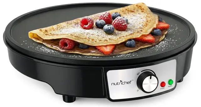 NutriChef crepera electrica, Plancha de cocina, Placa antiadherente, Luces indicadoras LED, Control de temperatura ajustable, Incluye espatula de madera y esparcidor de masa
