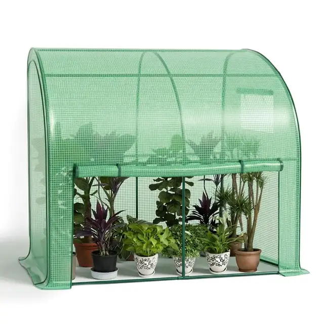 VOUNOT® Invernadero Jardín Inclinado Invernadero de Pared Respaldado, Invernadero Túnel Semicircular Plantas Verduras Flores, Cubierta PE Impermeable 135g/m² para Balcón y Terraza 200x100x180cm Verde