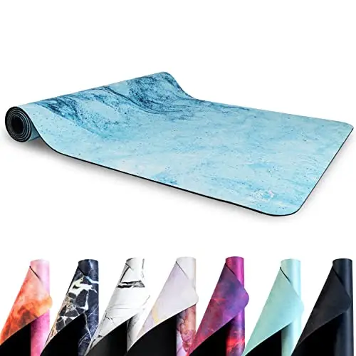 Esterilla de yoga de caucho natural ecológico y antideslizante, con diseño y correa de transporte, 183 x 68 x 4 mm (Blue Swirl)