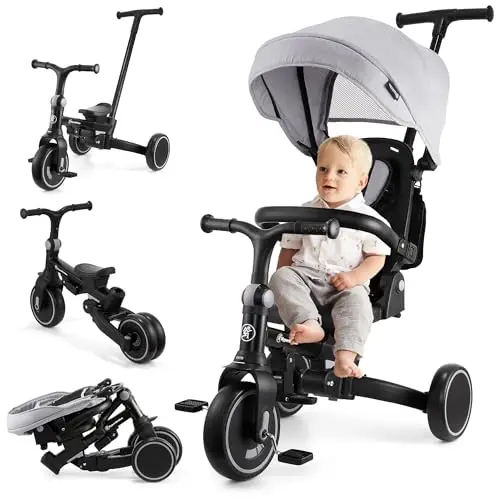 HyperMotion Triciclo Evolutivo 8 en 1 con Asiento Giratorio 360° – Triciclo Bebe Reclinable y Plegable con Capota, Arnés y Barra de Empuje – Trike Infantil para Niños de 1 a 5 Años