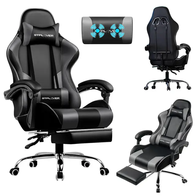 LUCKRACER Silla Gaming con Masaje Ergonómica | Reposapiés y Reposacabezas Retráctil | Soporte 150 kg | Oficina y Hogar | Color Gris