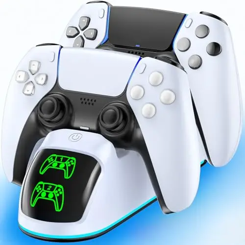 RGB Base de Carga para PS5, 2H Rápido Cargador de Mando PS5 Originales & Edge, Placas Frontales con Iluminación LED & RGB, Estación de Carga para PS 5 - Blanco