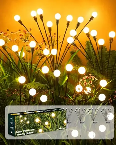 4 Piezas Luces Solares de Luciérnaga, 8 LED Luz Solar Exterior Jardin Decorativa IP65 Impermeable Blanco Cálido, Luces Luciernagas Solares para Jardín Decoración Nocturna Patio Balcón