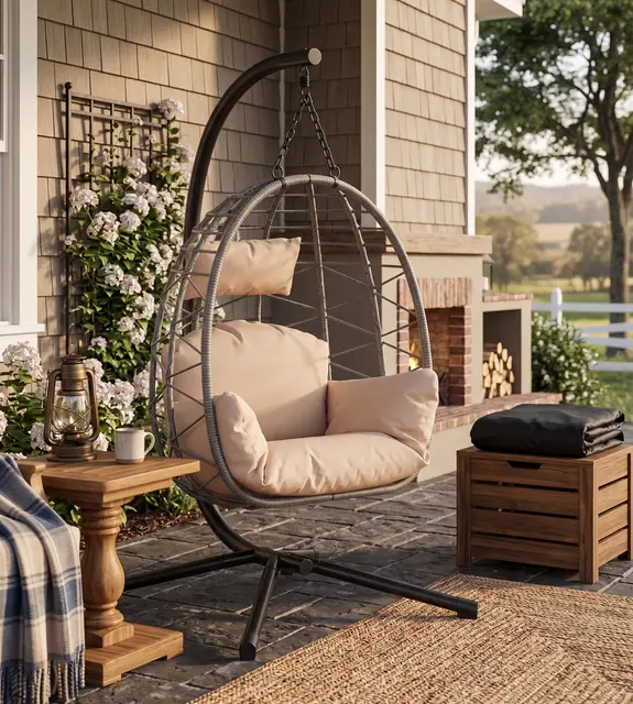 Silla Colgante con Soporte Metálico - Columpio Huevo 150 kg Cojines Incluidos - Estructura Estable para Jardín, Balcón o Patio - Hamaca Colgante Exterior Gris,Beige
