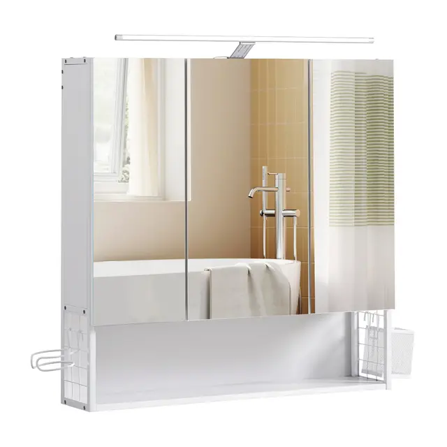 VASAGLE Armario de Baño con Iluminación LED, 14,5 x 70 x 70 cm, Espejo 3 Puertas, Mueble de Pared con Espejo, Enchufe, Cesta, Soporte para Secador, Blanco Nube BBK124W14