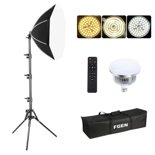 FGen Softbox - Juego de Estudio fotográfico (50 cm, Octagonal, con Bombillas LED Ajustables de 85 W, 2700 – 6400 K, Soporte de luz Ajustable de 150 cm para Youtube, grabación de vídeo Tiktok