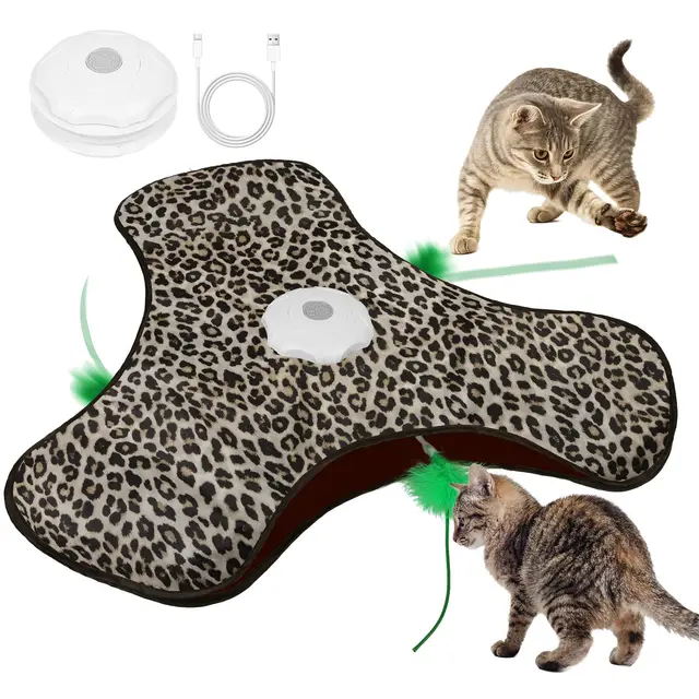 AUYAO Juguete Interactivo para Gatos, Juguete de Eléctrico Recargable para Gatos, Activación Táctil con Sonidos del Ratón, Pluma Móvil, Chirping, Tres Modos, Estampado de Leopardo
