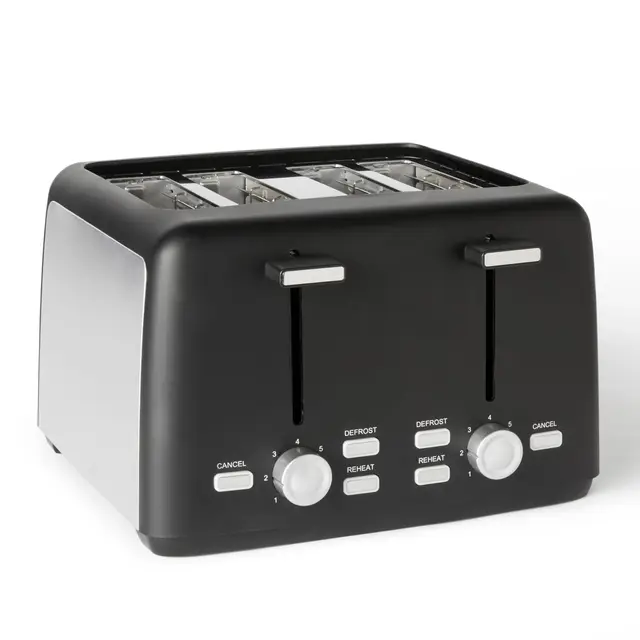 Amazon Basics Tostadora 4 Rebanadas con 7 Niveles de Tostado y Bandeja para Migas Extraíble, Ranuras Extra Anchas, 1500W, Negro