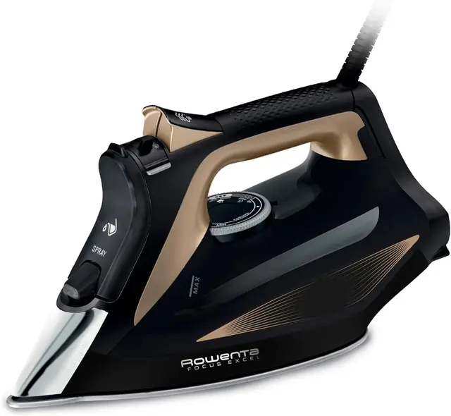 Rowenta Focus Excel, Placha de vapor vertical 2700 W, golpe de vapor 180 g/min, vapor continuo 45 g/min, suela Microsteam Laser 400, antigoteo, función Eco, ahorro energía, Negro Marrón, DW5325
