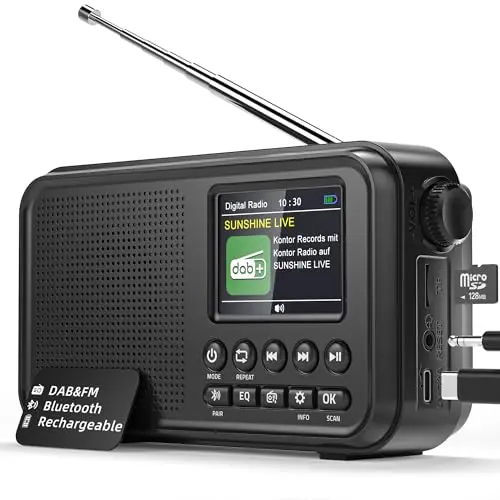 Mesqool Radio Digital Dab&FM con Bluetooth, Batería Recargable de 3000mAh, Compatibilidad con Tarjetas TF de 64GB, Carga Tipo C, Toma de Auriculares, 40 Presintonías FM & 40 Dab, Doble Alarma