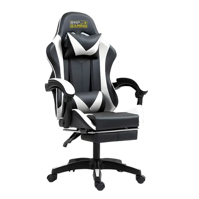 RMF Silla Gaming Profesional Ergonómica Reclinable, Sillón Gaming de Asiento Cómodo y Relajante con Reposapiés - Silla para Gamer con Ruedas Giratorias, Altura Ajustable Blanco/Negro