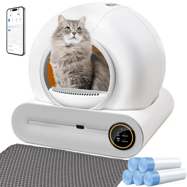 Arenero Gatos Autolimpiable, 74L Arenero Inteligente para Gato con Control App, Sin Fugas Orina, Eliminación de Olores con 5 Rollos Bolsas Basura y Tapetes Arena Gato para Varios Gatos (A)