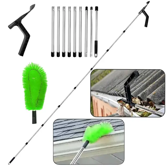 Herramientas de limpieza de canalones con cepillo para canalones y cuchara de limpieza, pala 2 en 1, limpiador de canalones telescópico, 350 cm, herramienta para limpiar canalones, hojas, suciedad