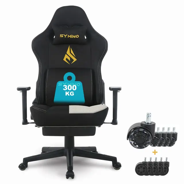 Symino Silla Gaming Ergonómica con Reposapiés, 150° Reclinable: Soporte Lumbar y Reposacabezas Regulable, Ajustable en Altura, Soporta hasta 200kg (Black)