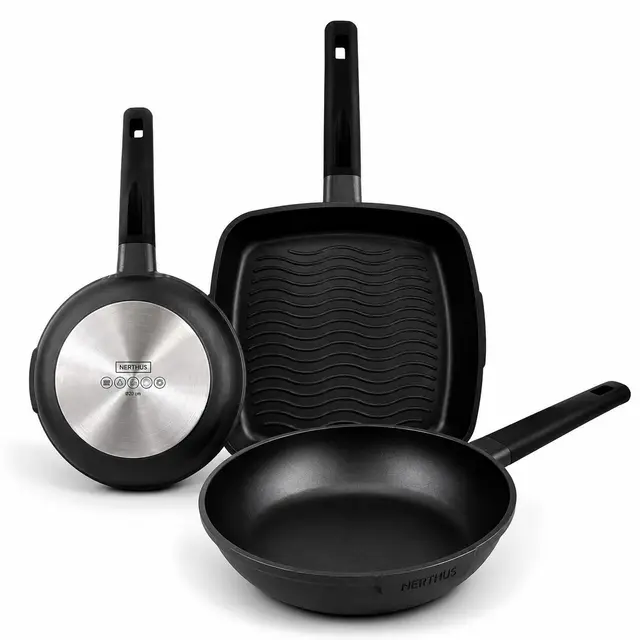 Nerthus FIH 1682 Set Sartenes Aluminio Fundido 20 y 24 Cm + Grill Asador Antiadherente Quantanium Aptas Inducción Gas Vitrocerámica Mango Ergonómico Resistente Calor