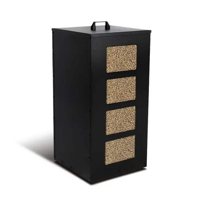 VOUNOT® Depósito de Pellets de Metal con Ruedas 45 kg, Almacenamiento de Pellets con Tamiz Extraíble y 4 Indicadores de Nivel Transparentes, para Estufa de Pellets, 36x36x76 cm, Negro