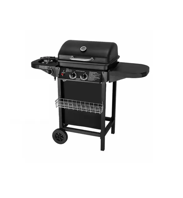Barbacoa a gas con 2 quemadores de gas compactos, quemador lateral, rejilla barbacoa,mesas laterales y carro de acero, 8,7 kW de potencia