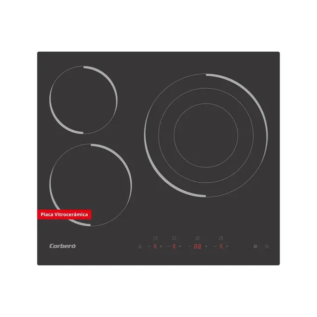 Corberó - Placa Vitrocerámica | CCVM3574 | 3 Zonas | Potencia 5700W | Control Touch | Zona Grande 30cm | Temporizador 99 Min | 9 Niveles Potencia | Desconexión Automática | Negro