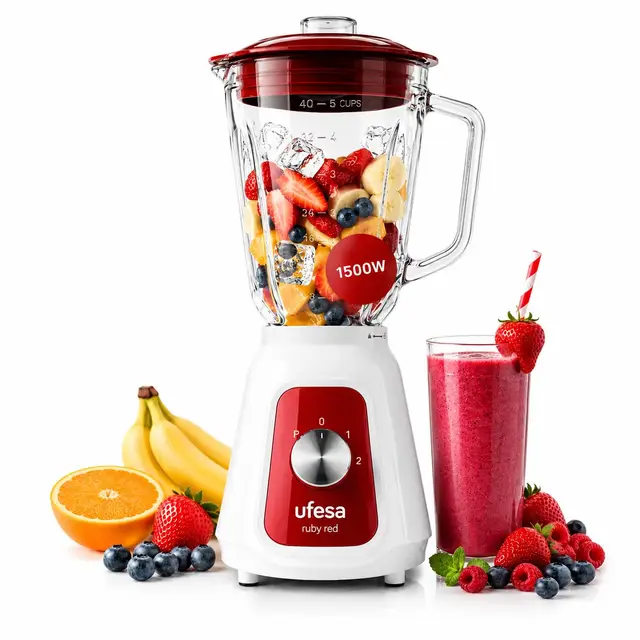 Ufesa BS4717 Ruby Red Batidora de Vaso, 1500W Potencia Max, Jarra de Cristal de 1.5L, 2 Velocidades + Pulse, Cierre Hermético, Pica hielo, 4 Cuchillas de Acero Inoxidable, Libre de BPA, Blanco/Rojo