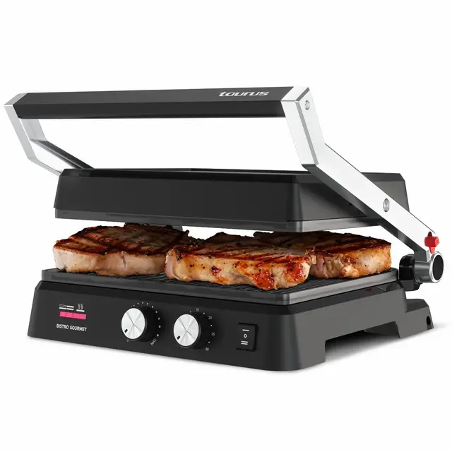 Taurus – Sandwichera Grill Bistro 2600W, 2 en 1 Grill y Plancha, 29x23 cm, Placas Antiadherente sin PFOA con Stair System, Dual Heat Tech, Asa de Tacto Frío, Bandeja Recogegrasas, Temporizador 30 Min
