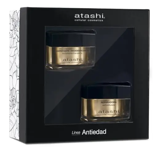 Atashi | Cofre Ritual Hidrata y Repara | Crema Hidratante Redensificante SPF15 + Crema Reparadora Antiarrugas | Con Gardenia, Perla Negra, Retinol y Spilanthol Activo | 50 ml + 50 ml