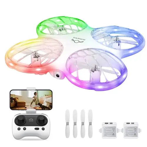 Ameta Morpho Dron para Niños con Camara 1080P, Mini Drone FPV con 32 Luces RGB/Vuelo en Círculo/ 3D Voltear/ 18min de Vuelo/Timbre Perdido, Juguetes Regalo para Niños Niñas, Menos de 250g