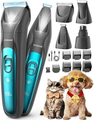oneisall Cortapelos silencioso para perros y gatos con luz LED, para el cuidado del pelo de mascotas, Cortapelos para perros& Recortador de uñas& Molinillo de garras (Azul, 4 en 1)