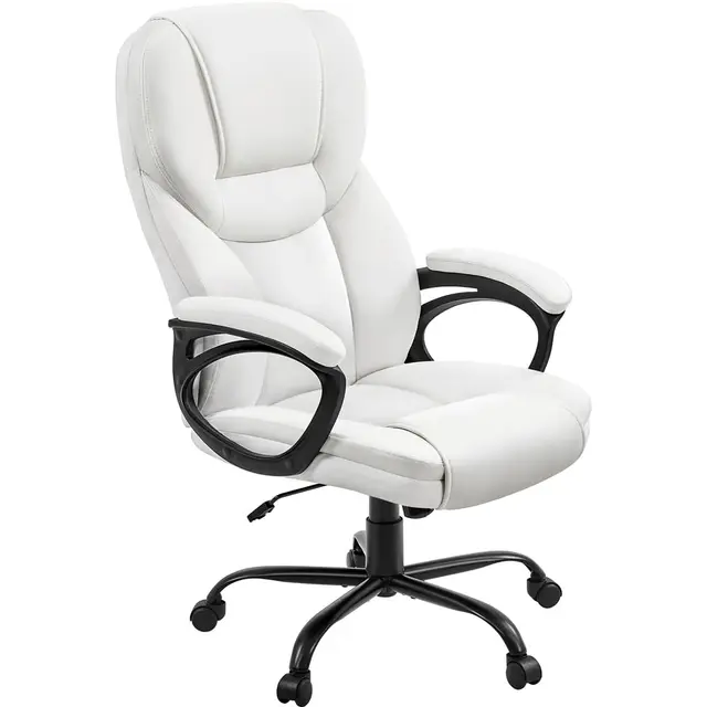 Yaheetech Silla de Oficina de Piel Sintética con Respaldo Alto Ergonómico Soporte Lumbar Altura Ajustable Silla de Escritorio Base de Metal Resistente Blanco