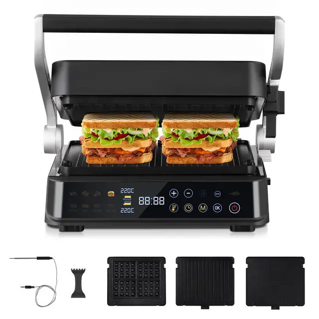 AMZCHEF XL Grill de Contacto 4-en-1 con Sensor de Temperatura & GrillBoost 280 °C – Parrilla eléctrica 2000 W con 6 programas, 2 zonas, 4 placas antiadherentes – Bistec, Gofres, Paninis, Sándwiches