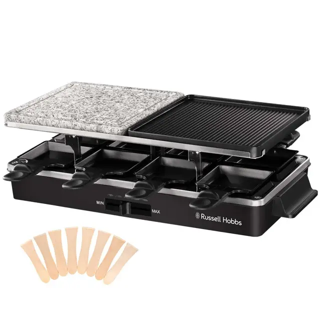 Russell Hobbs Multi Raclette 3 in 1-8 Mini Sartenes, Placas Duales: Superficie Acero Inoxidable y Piedra, Grill Reversible, Placas Antiadherentes, Espátulas de Madera, 1400 W, Negro - 26280-56