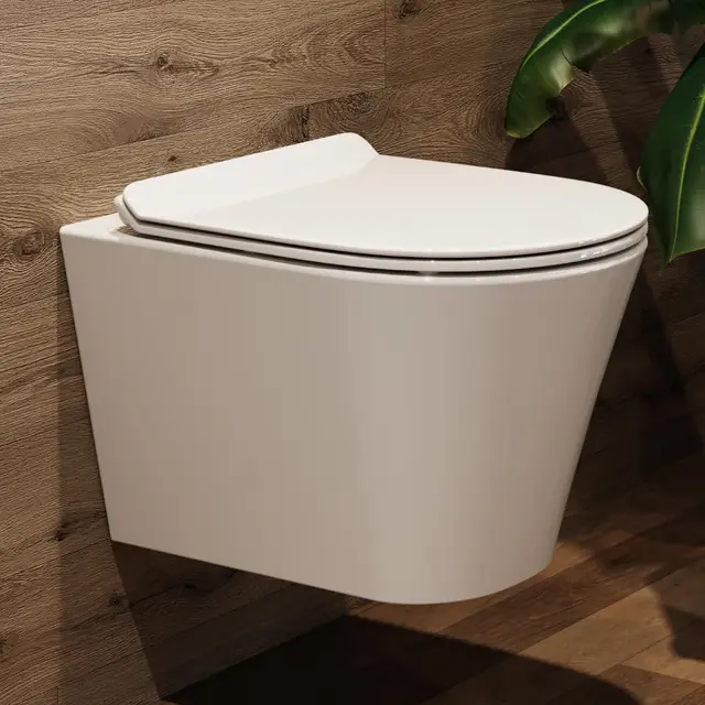 Inodoro de pared suspendido sin borde con tapa de descenso automático, cuenco profundo de bajo olor, cerámica con revestimiento nano - Caza monotrou